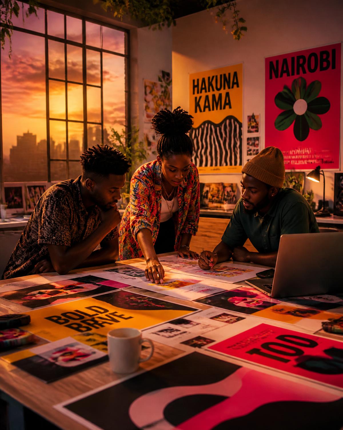 Creative team reviewing campaign posters in our Nairobi studio